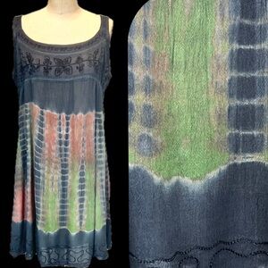 VINTAGE tie dye whimsigoth tank top long tunic embroidered floral Raya Sun 90s‎
